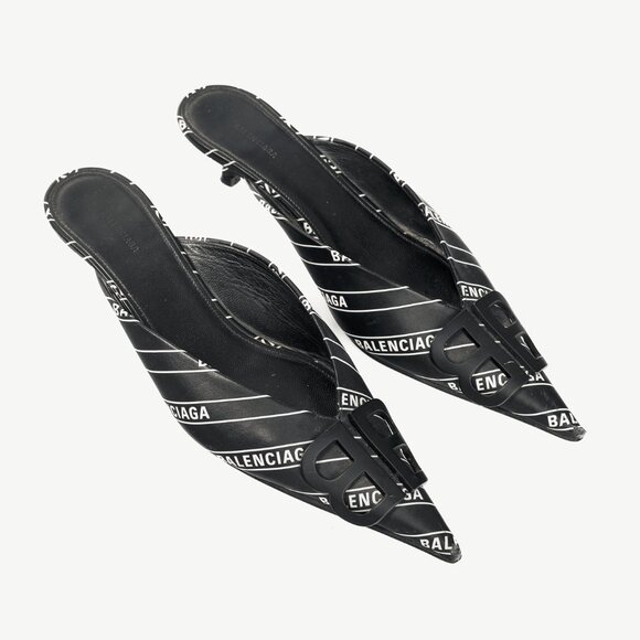 Balenciaga Black & White Logo-Printed BB Knife Mules - Picture 1 of 12